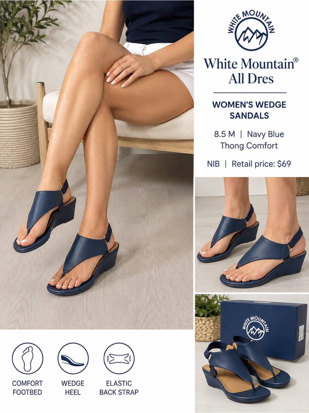 White Mountain All Dres Women
Wedge Sandals 8.5 M Navy Blue
Thong Comfort NIB